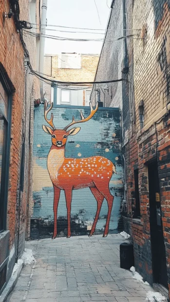 Minimalist deer sketched in soft strokes in aesthetic graffiti alley.