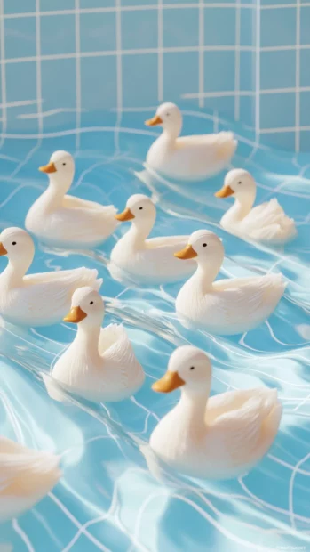 Minimalist design of Aesthetic Duck Wallpapers where white ducks float in a tiled blue wave grid.