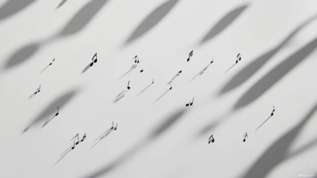 Minimalist design with black music notes scattered across a clean white sheet of paper, with soft shadows creating depth and texture.