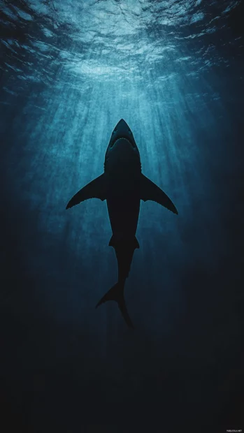 Minimalist fin silhouette of shark at vertical frame edge.