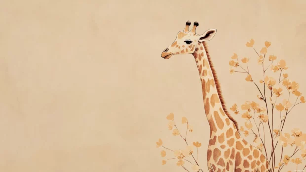 Minimalist giraffe with tiny flowers on a beige backdrop.