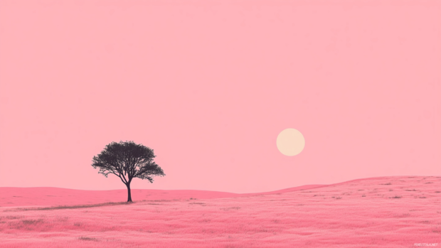Minimalist pink horizon with a lone tree silhouette, modern pink aesthetic PC wallpaper.