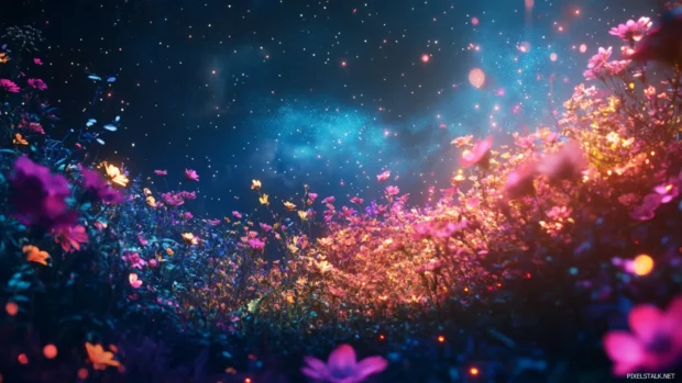 Minimalist pretty laptop wallpaper featuring a vibrant garden sparkling under a starry night.