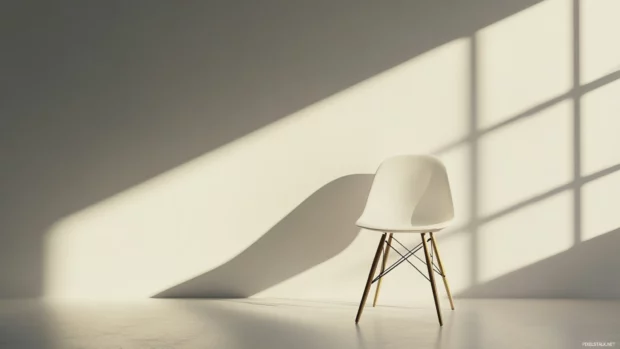 Minimalist rendering of Single chair, clean layout, 4K desktop background.