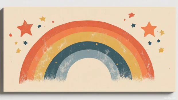 Minimalist retro rainbow and stars combo on canvas beige.