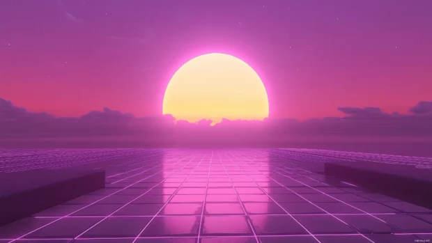 Minimalist retrowave neon grid, soft glowing lines, fading horizon, purple orange gradient sky, retro style.