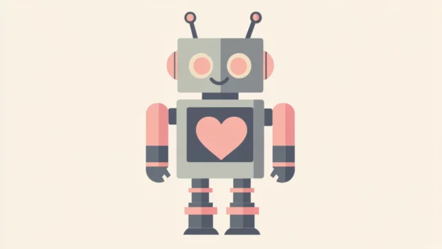 Minimalist robot with heart icon in pink and gray tones.
