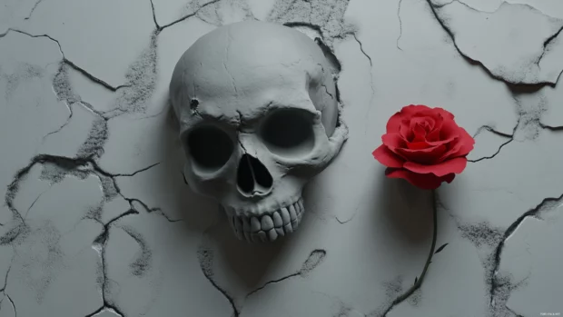 Minimalist skull, red rose, black and white with soft lines and shading.