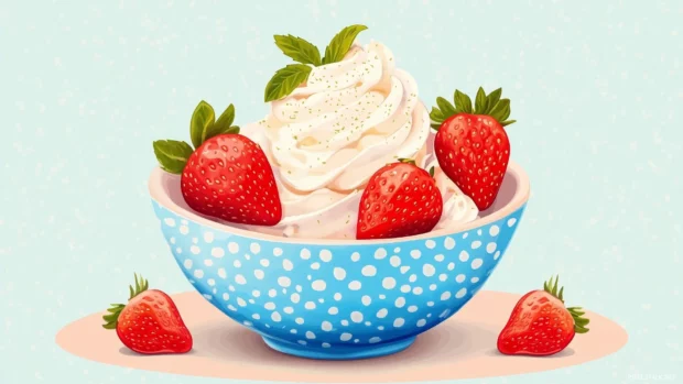 Minimalist strawberry landscape with hills made of strawberries and clouds shaped like whipped cream in the sky, surreal and playful design, Simple lines.