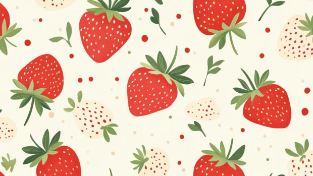 Minimalist strawberry pattern with evenly spaced strawberries and dots on a pure white background, clean, simple, and modern design, Simple lines, flat illustration style.