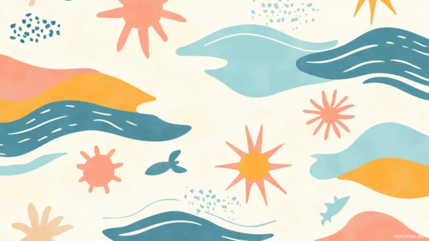 Minimalist summer pattern with subtle aesthetic sun shapes, cool ocean tones, and beach silhouettes.