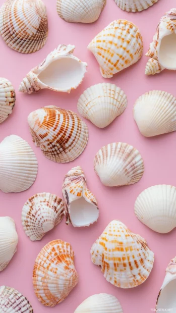 Minimalist summer vibes wallpapers arrangement of seashells on a pink backdrop.
