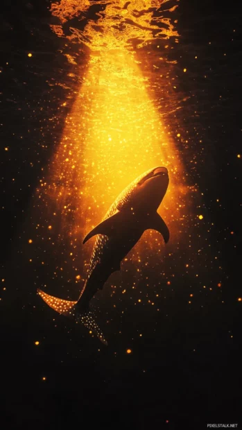 Minimalist whale shark iPhone wallpaper featuring silhouette with golden glow.