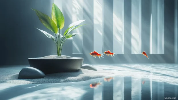 Minimalistic fish tank, elegant fish few, sand smooth stones, single large plant centerpiece, soft natural lighting.