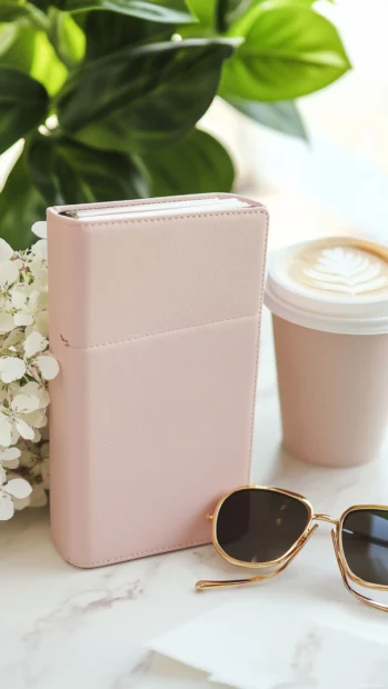Minimalistic girly aesthetic with a pink notebook, coffee cup, and gold accessories.