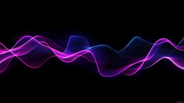 Minimalistic neon lines forming a flowing wave pattern in purple and cyan.