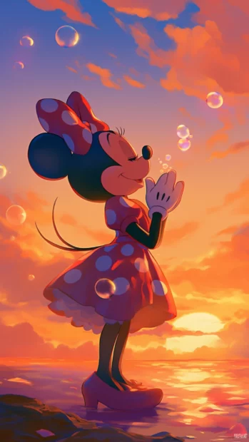Minnie Mouse blowing bubbles shaped like bows at sunset.