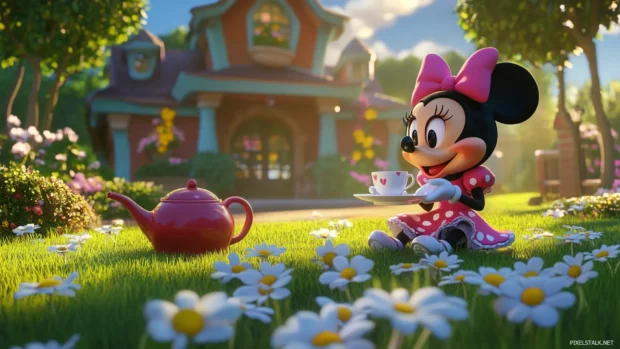 Minnie Mouse sets up a tea party outside the Mickey Mouse Clubhouse with daisies all around.