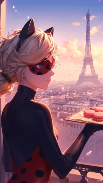 Miraculous Ladybug holding a tray of pink macarons by Eiffel Tower.