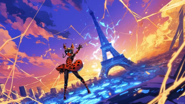 Miraculous Ladybug jumping between electric Eiffel Towers.
