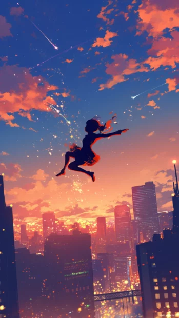 Miraculous Ladybug jumping from rooftops with sparkles in the sky.