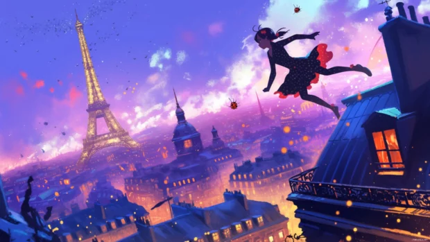 Miraculous Ladybug leaping over rooftops in neon Paris.
