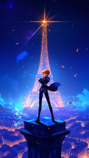 Miraculous Ladybug posing on the Eiffel Tower with stars glowing behind.