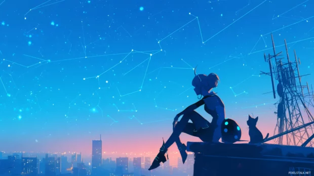Miraculous Ladybug resting on a rooftop with star constellations forming her symbol.