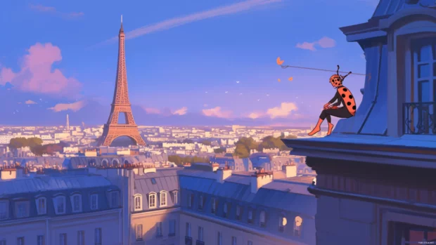 Miraculous Ladybug swinging from rooftop to rooftop over Paris.