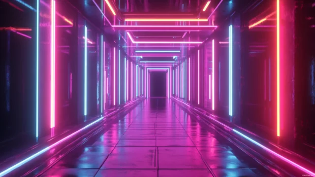 Mirror maze illuminated with layers of neon.