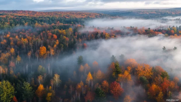 Mist curling through a pretty autumn forest.
