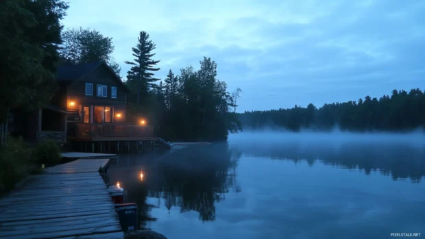 Mist settling over a pretty lake at twilight.