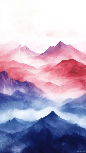Misty Mountains Painted In Pastel Watercolor Hues, Perfect For Mobile Backgrounds.