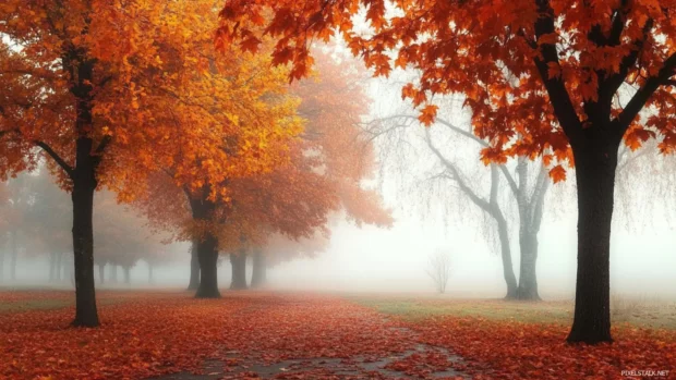 Misty autumn morning wallpaper featuring maple trees peeking through the morning mist.