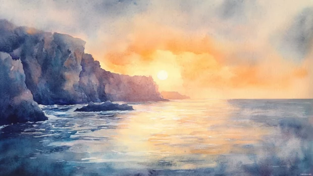 Misty cliffs illuminated by the golden light of sunset painted in watercolor.