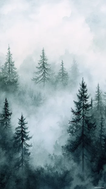 Misty forest edge in soft pastel Aesthetic Watercolor, Clean and Elegant style.
