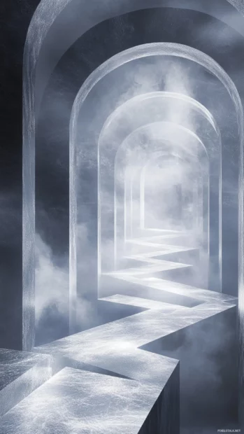 Misty maze with infinite loops and spiral doors, all wrapped in a soft aesthetic trippy light.