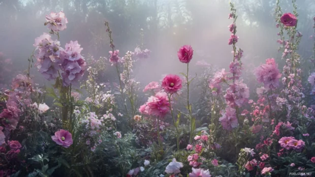 Misty morning garden filled with girly pastel blooms.