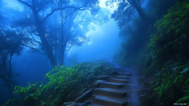 Misty mountain trail in early morning blue light, matching aesthetic Nature PC Wallpapers format.