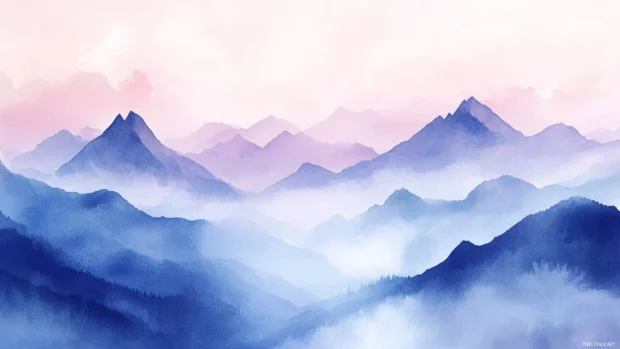 Misty mountains fading into pastel skies, an ideal choice for watercolor desktop wallpaper with mountains.