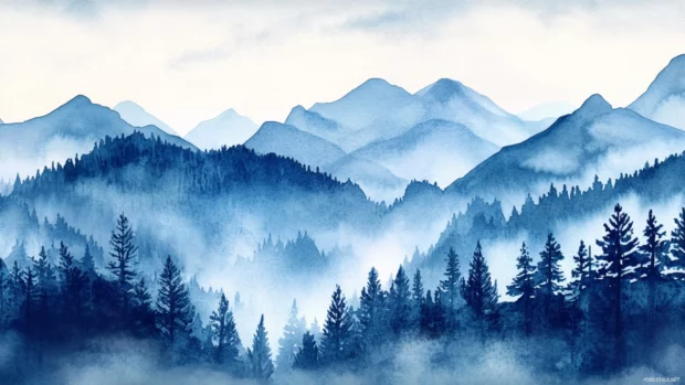 Misty watercolor mountain silhouettes at twilight.