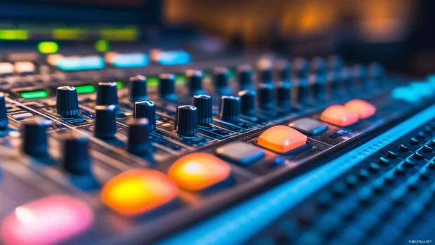Mixing console close up colorful faders monitors audio equipment in sleek dim studio.