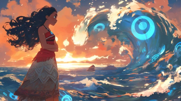 Moana gazing at glowing waves filled with island spirits.