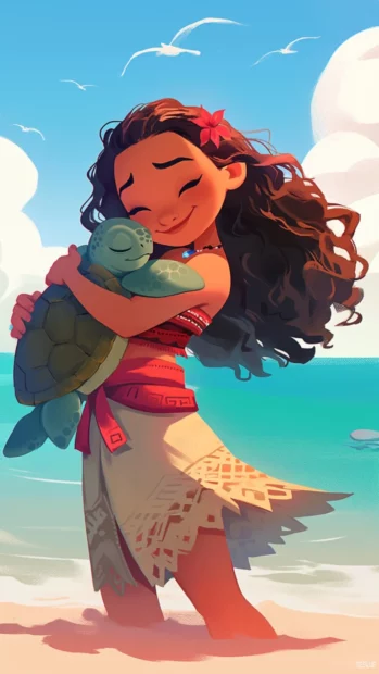 Moana hugging a baby sea turtle on a pastel beach.