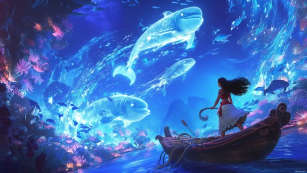Moana navigating glowing reef maps with magical water dolphins.
