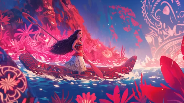 Moana paddling her boat through a glowing pink coral sea.