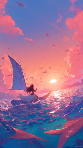 Moana sailing a glowing pink sea with manta rays below.