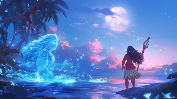 Moana standing beside glowing tide spirits under a full moon.