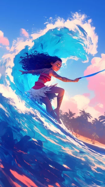 Moana surfing on laser waves toward an electric island.
