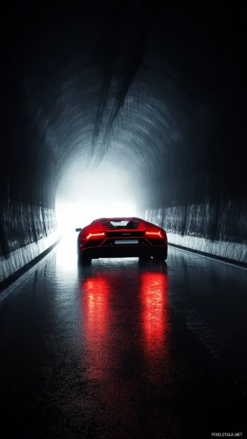 Mobile Lamborghini Wallpapers where a red car launches out of a tunnel under dramatic lighting.